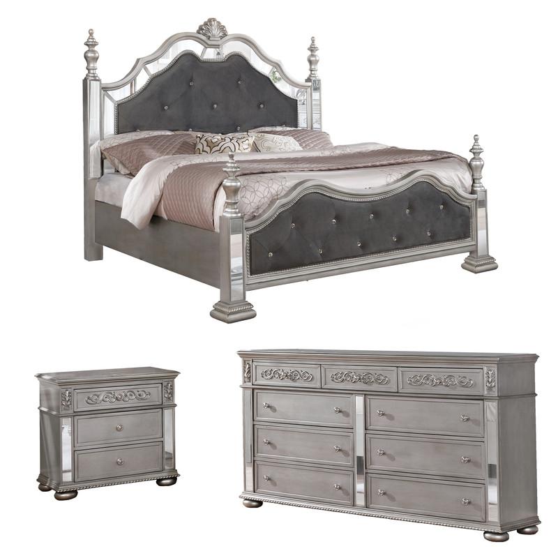 Gray Velvet 3 Piece Bedroom Set with Bed Posts & Reflective Panels - Queen. Picture 1