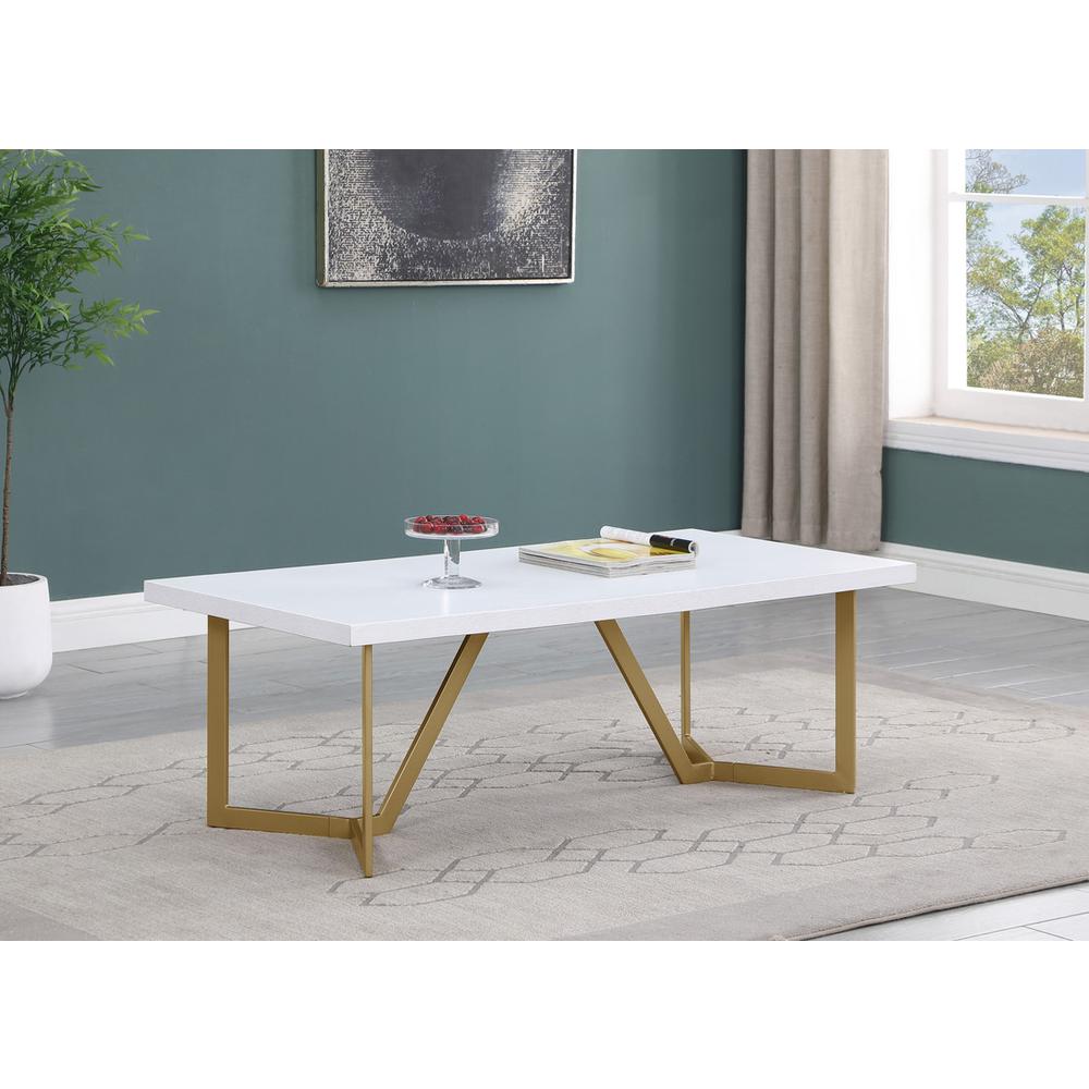 3pc White wood top coffee table set w/gold color iron base (1Coffee+2end table). Picture 2