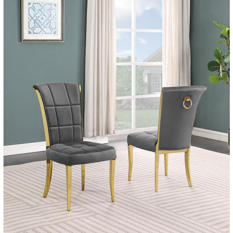 7pc Small(68") marble top dining set with gold base and 6 Dark grey side chairs. Picture 4