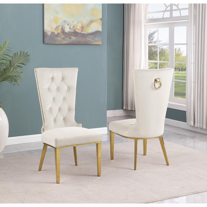 7pc Small(68") marble top dining set with gold base and 6 Cream side chairs. Picture 4