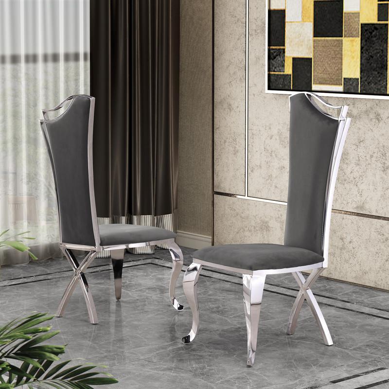Contemporary Glass 5pc Dining Set, Glass Top Dining Table, Velvet Uph Dining Chairs w/ Silver Stainless Steel Frame, Dark Grey. Picture 3