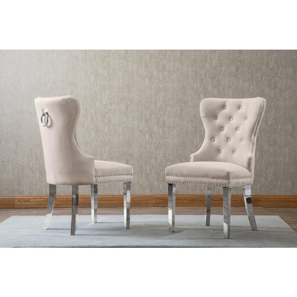 Velvet Tufted Dining Chair, Stainless Steel Legs (Set of 2) - Cream. Picture 2