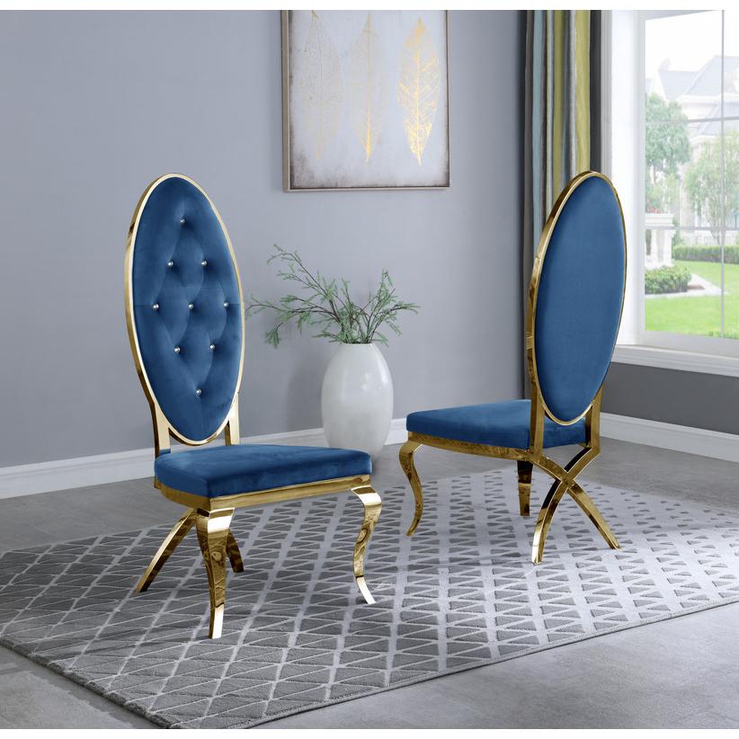 Classic 9pc Dining Set w/Uph Tufted Side/Arm Chair, Glass Table w/ Gold Spiral Base, Navy Blue. Picture 3