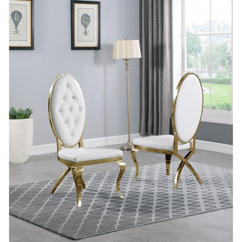 Classic 5 Piece Dining Set With Glass Table Top and Stainless Steel Legs w/ Tufted Faux Crystal, White. Picture 3