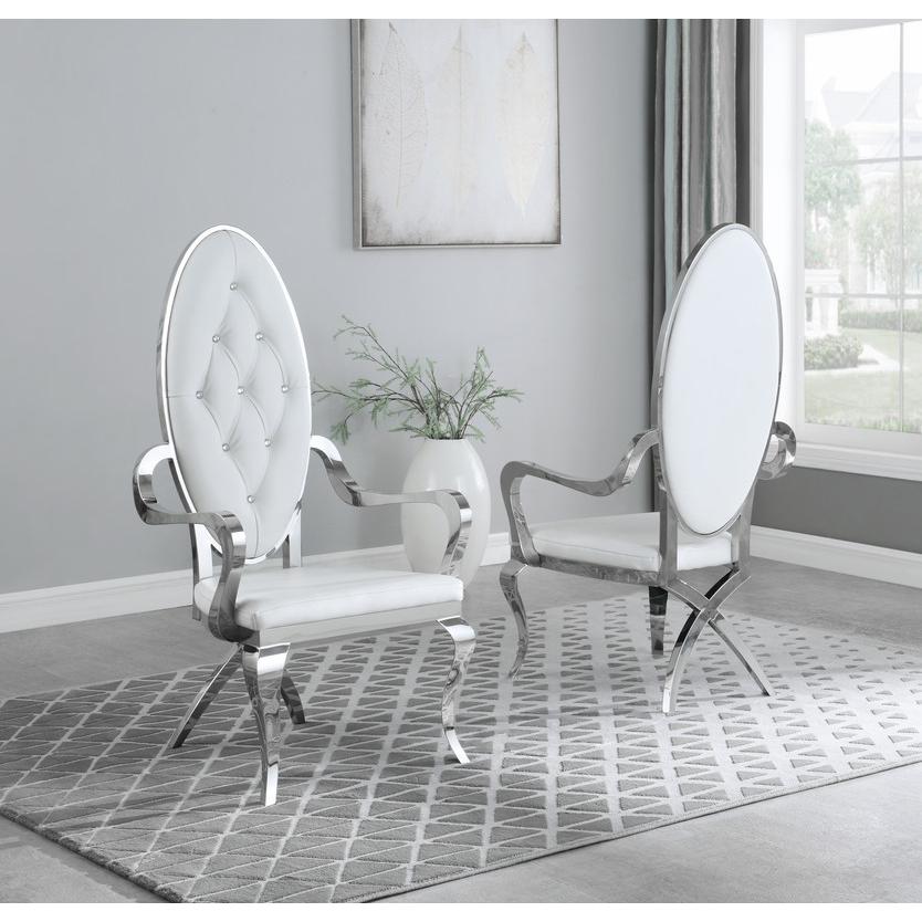 Classic 9pc Dining Set w/Faux Leather Tufted Side/Arm Chair, Glass Table w/ Silver Spiral Base, White. Picture 4