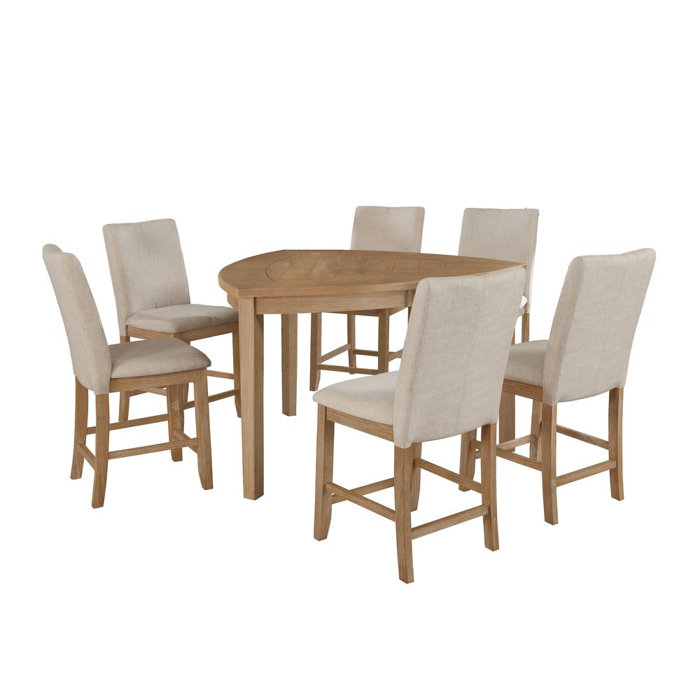 7pc Counter Height Dining Set in Rustic Wood Finish, Petal-Shaped Table & Chairs in Beige. Picture 2