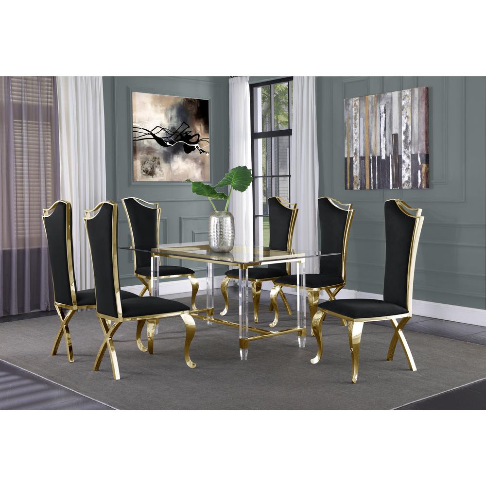 Acrylic Glass 7pc Gold Set Stainless Steel Highback Chairs in Black Velvet. The main picture.