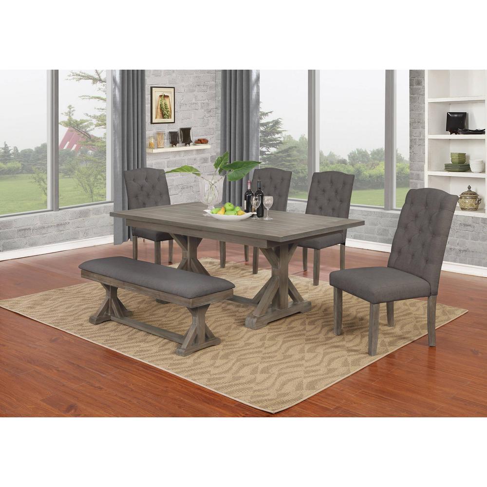 6PC Dining Set: 1 Dining Table, 4 Upholstered Side Chairs with Tufted Buttons, and 1 Upholstered Bench, Gray. Picture 1