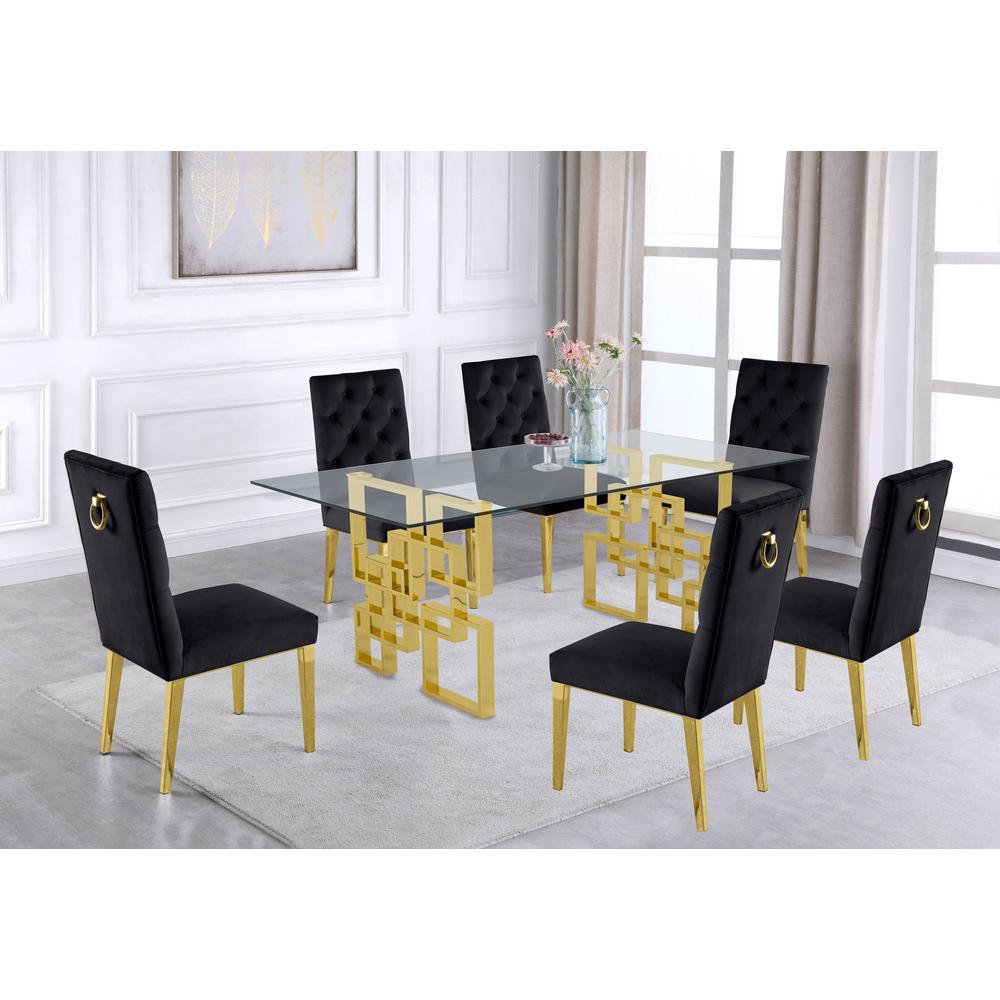 Gold Tempered Glass 7 Piece Dining Set Ring Chairs in Black Velvet. Picture 1