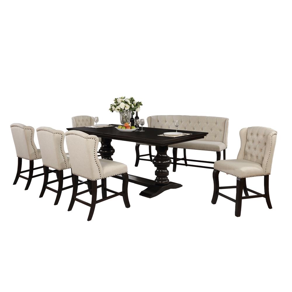 Classic 7pc Dining Set with Extendable Counter Height Dining Table with Two 16" Leafs in Cappuccino Finish, Counter Height Upholstered Side Chairs with Tufted Buttons and Nailhead Trim, and Counter He. Picture 2
