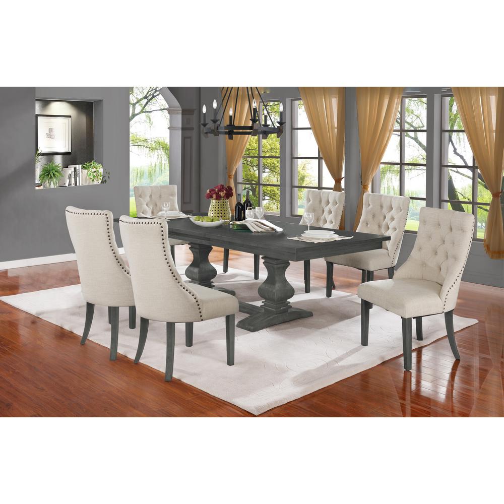 Classic 7 Piece Extension Dining Set: Dining Table Extendable 18"Center Leaf Extension, Trestle Base & 6 Linen Beige Chairs. Picture 1