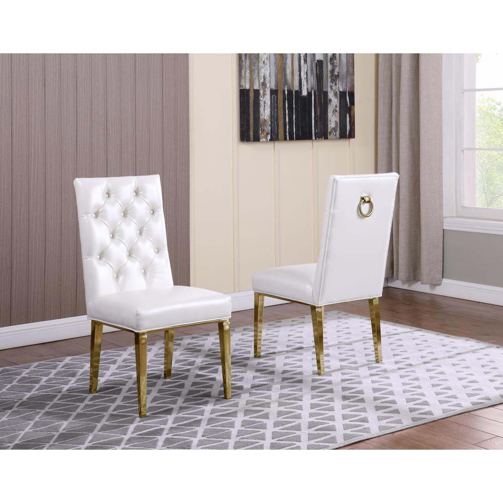 White Faux Leather Tufted Dining Side Chairs, Chrome Gold Legs - Set of 2. Picture 2