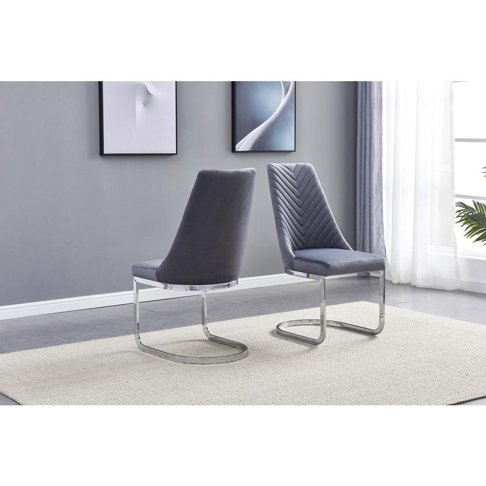 Rectangular Tempered Glass 5pc Set Chrome Chairs in Dark Grey Velvet. Picture 2