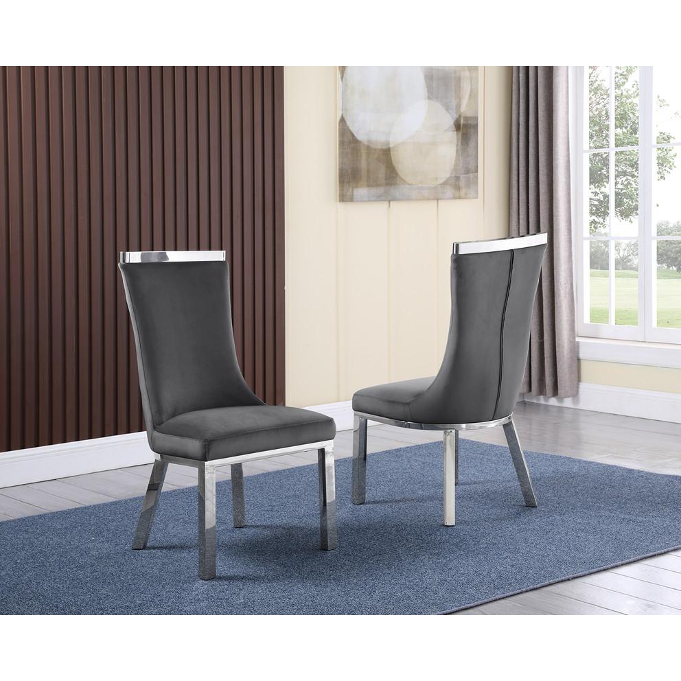 Upholstered dining chiars set of 2 in Dark gray velvet fabric with stainless steel base. Picture 1