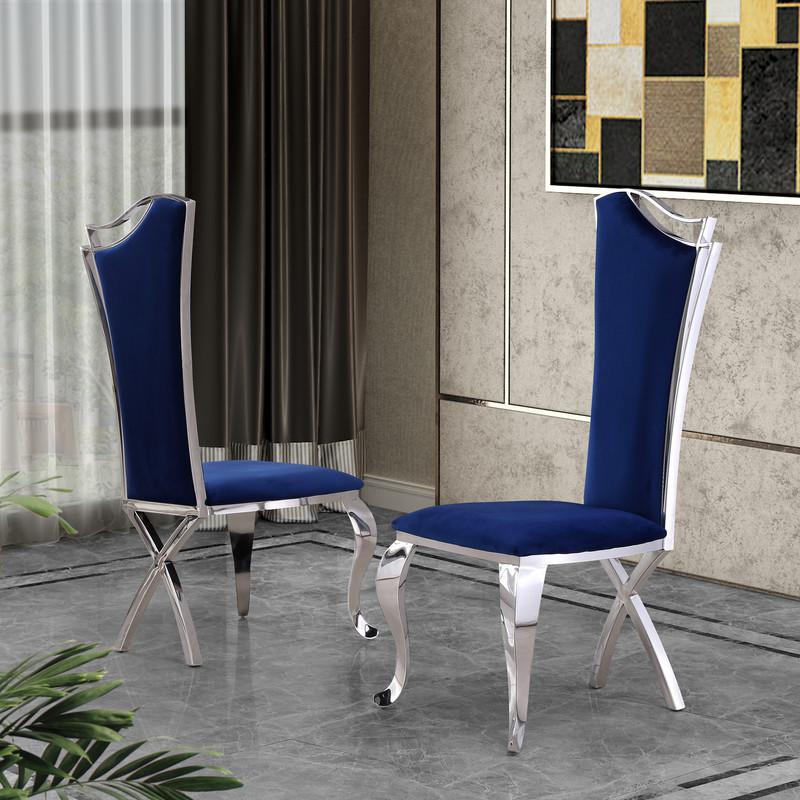 Contemporary Glass 5pc Dining Set, Glass Top Dining Table, Velvet Uph Dining Chairs w/ Silver Stainless Steel Frame, Navy Blue. Picture 3