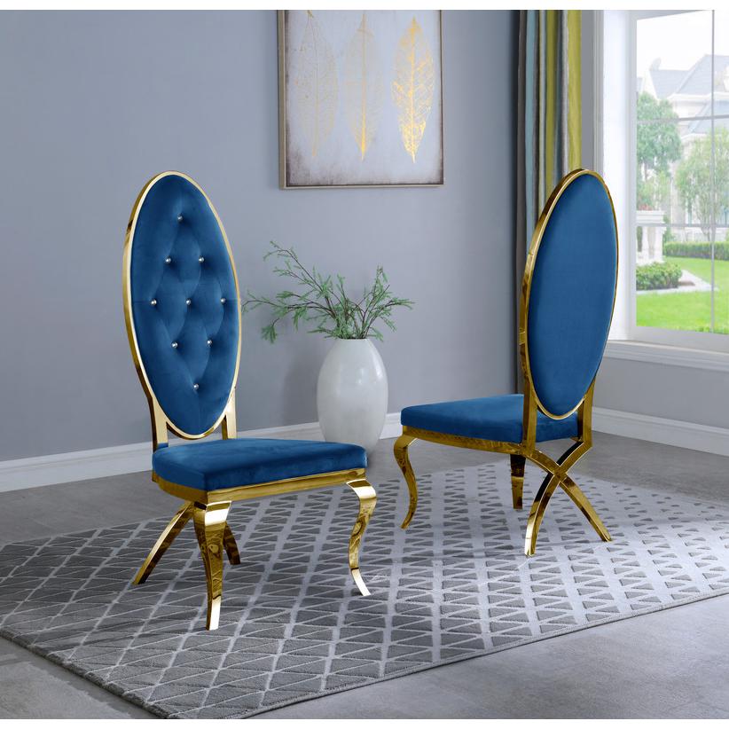 Navy Blue Velvet Tufted Dining Side Chairs, Stainless Steel Gold Legs - Set of 2. Picture 2
