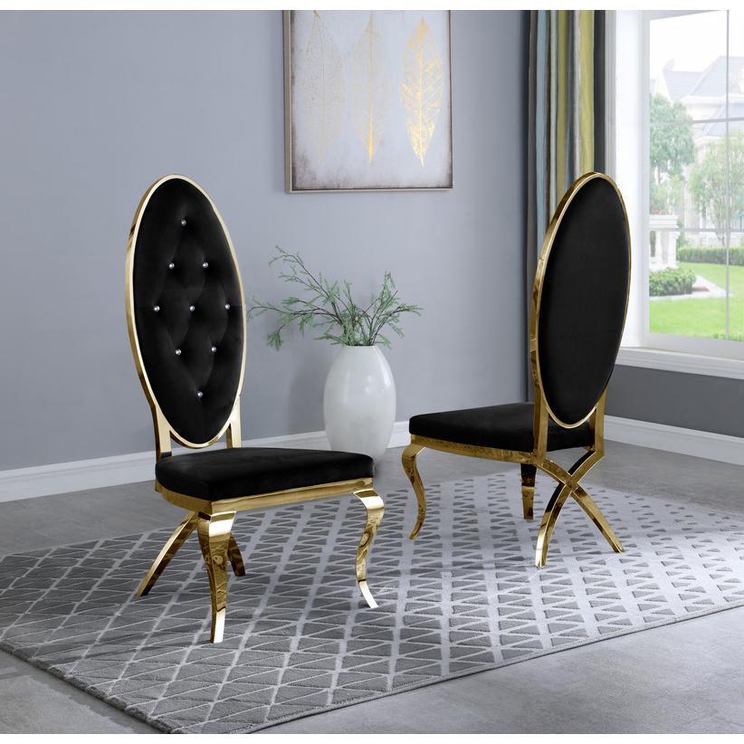 Contemporary Glass 5pc Dining Set, Glass Top Dining Table and Velvet Faux Crystal Tufted Side Chairs with Gold Stainless Steel Frame, Black. Picture 3