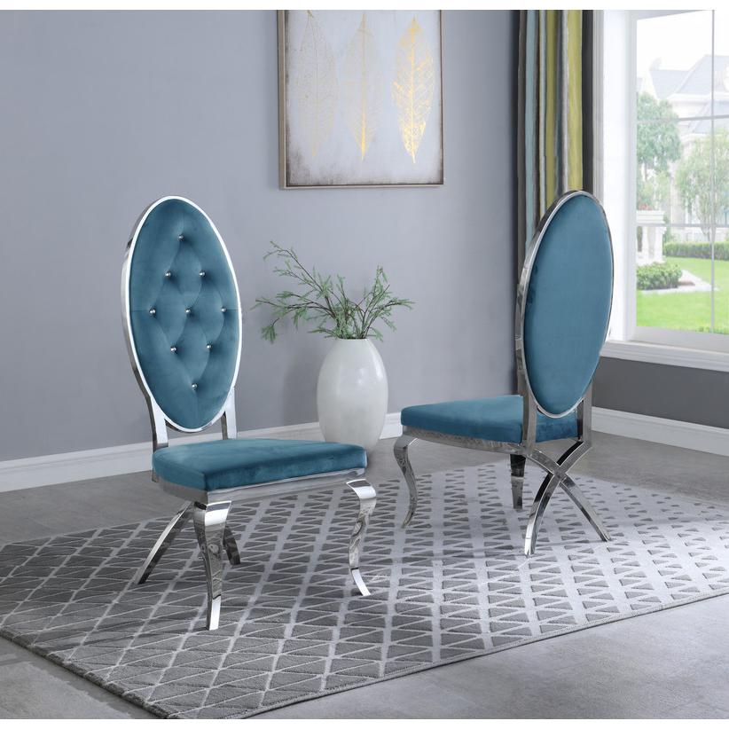 Teal Blue Velvet Faux Crystal Dining Side Chairs, Stainless Steel - Set of 2. Picture 2