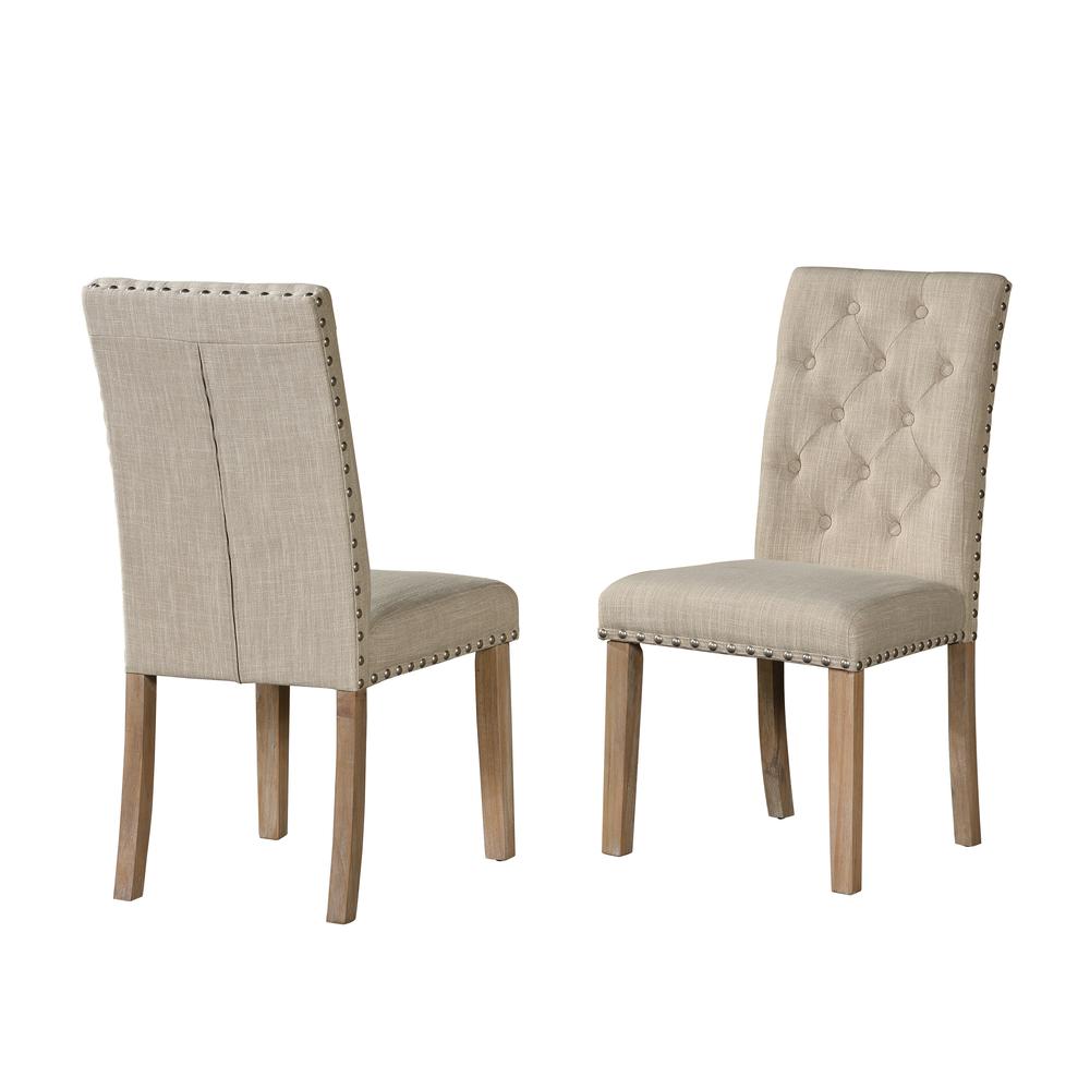 Beige Linen Tufted Dining Side Chairs Nailhead, set of 2, Rustic Finish. Picture 1