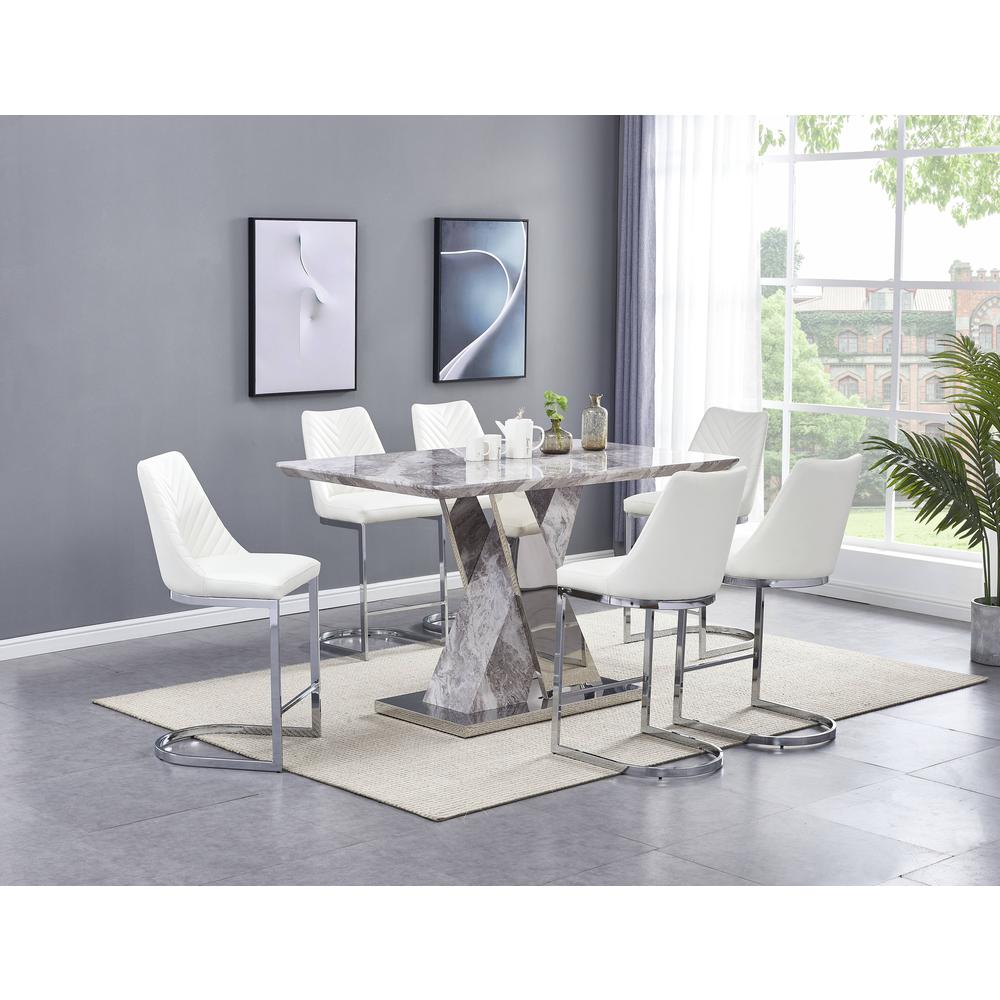 Classic 7 Piece Dining Set: White Faux Marble Counter Height Table, 6 White Faux Leather Side Chairs Chrome. Picture 2