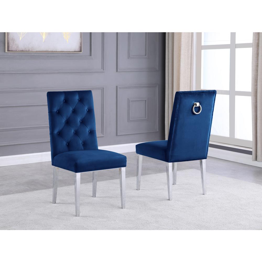 Navy Bue Velvet Tufted Dining Side Chairs, Chrome Legs - Set of 2. Picture 2