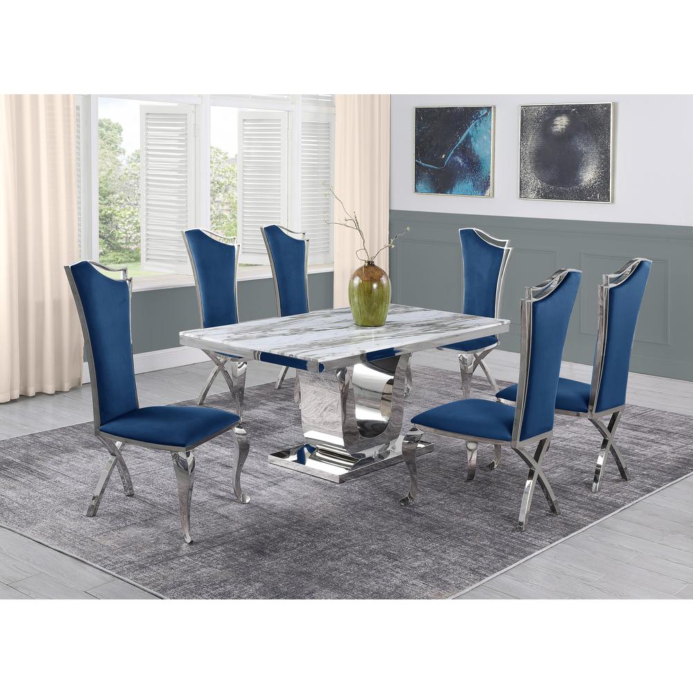 White Marble 7pc Set Highback Chairs in Navy Blue Velvet. Picture 1