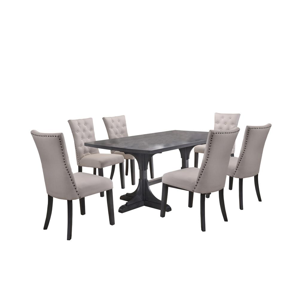 Classic 7pc Dining Set with Weathered Gray Dining Table, Uph Side Chairs Tufted & Nailhead Trim, Beige. Picture 2
