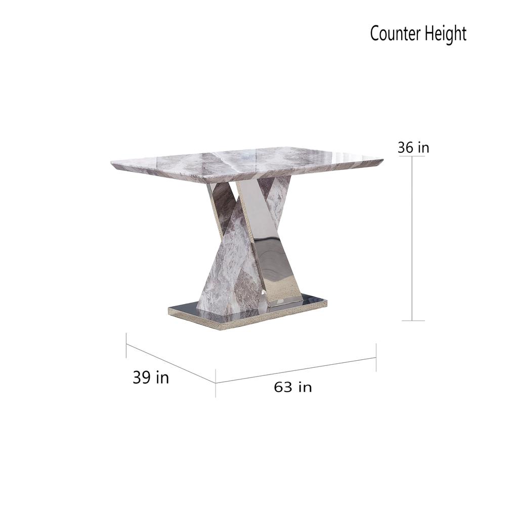 Counter Height White Faux Marble Dining Table with Stainless Steel X-Base. Picture 2