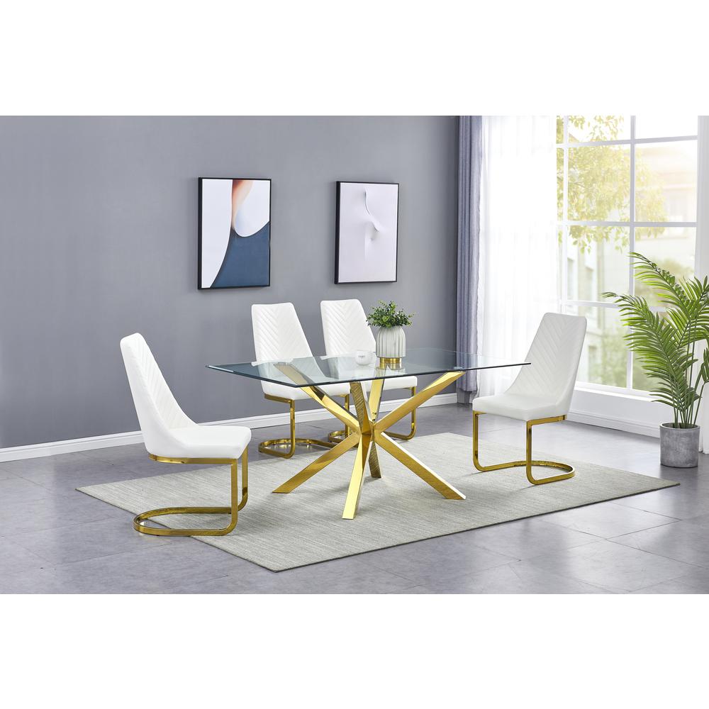 Rectangular Tempered Glass 5pc Gold Set Chrome Chairs in White Faux Leather. Picture 1