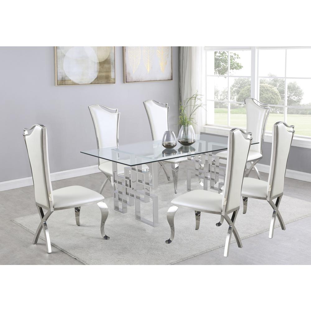 7-Piece Dining Set with Stainless Steel-Legged Dining Chairs in White Faux Leather. Picture 1