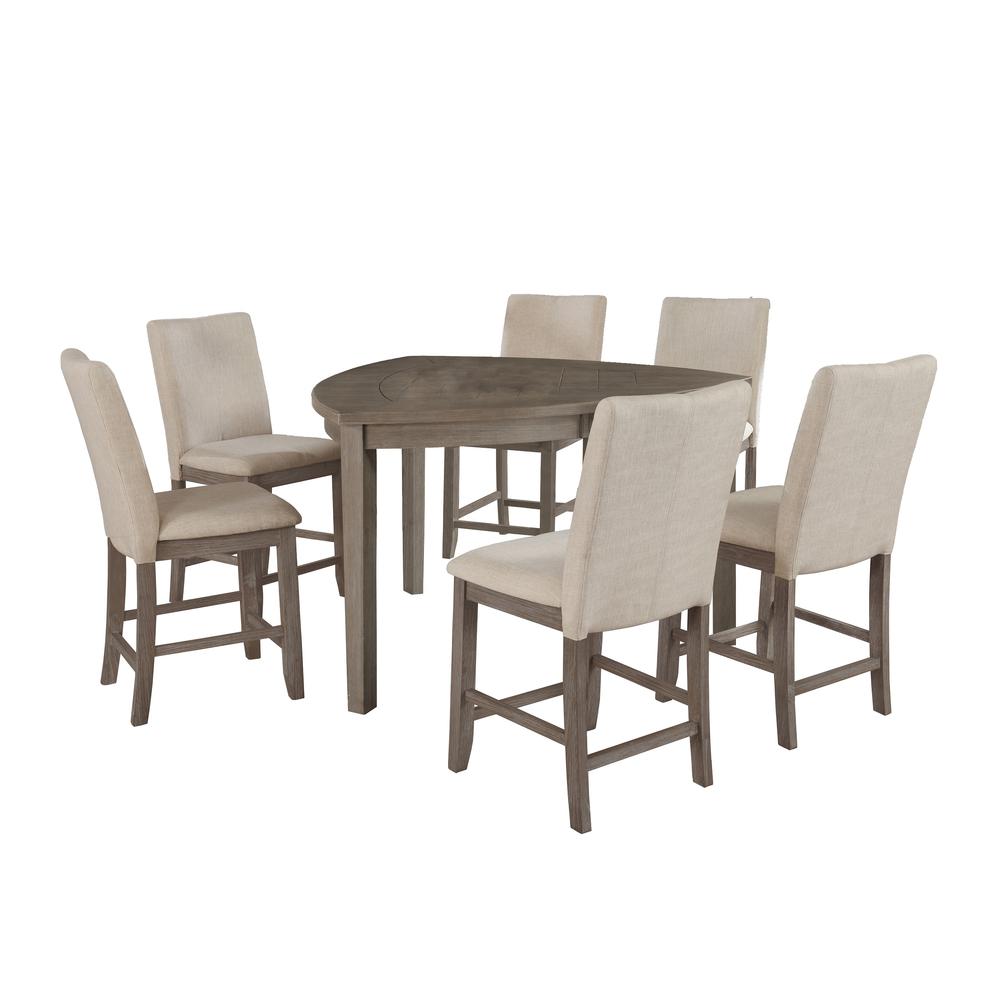 7pc Counter Height Dining Set in Rustic Grey, Petal-Shaped Table & Chairs in Beige. Picture 1