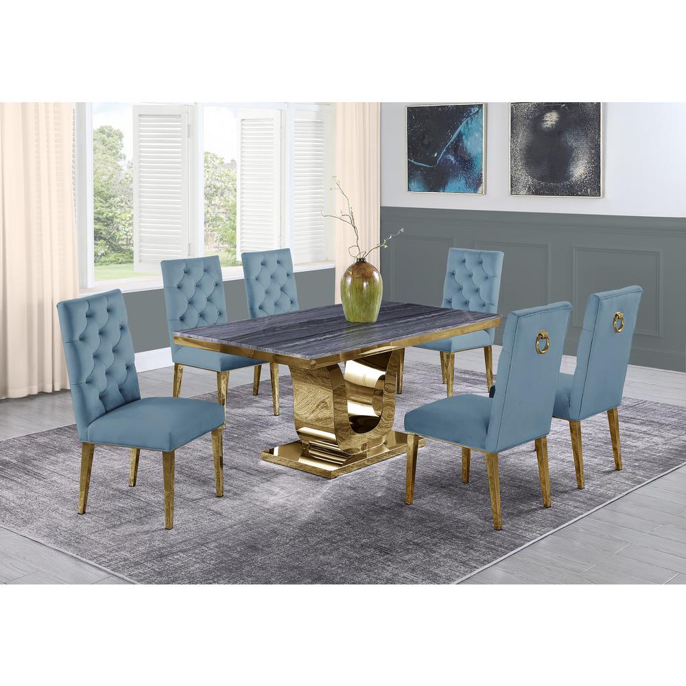 Dark Grey Marble 7pc Set Tufted Ring Chairs in Teal Velvet. Picture 1