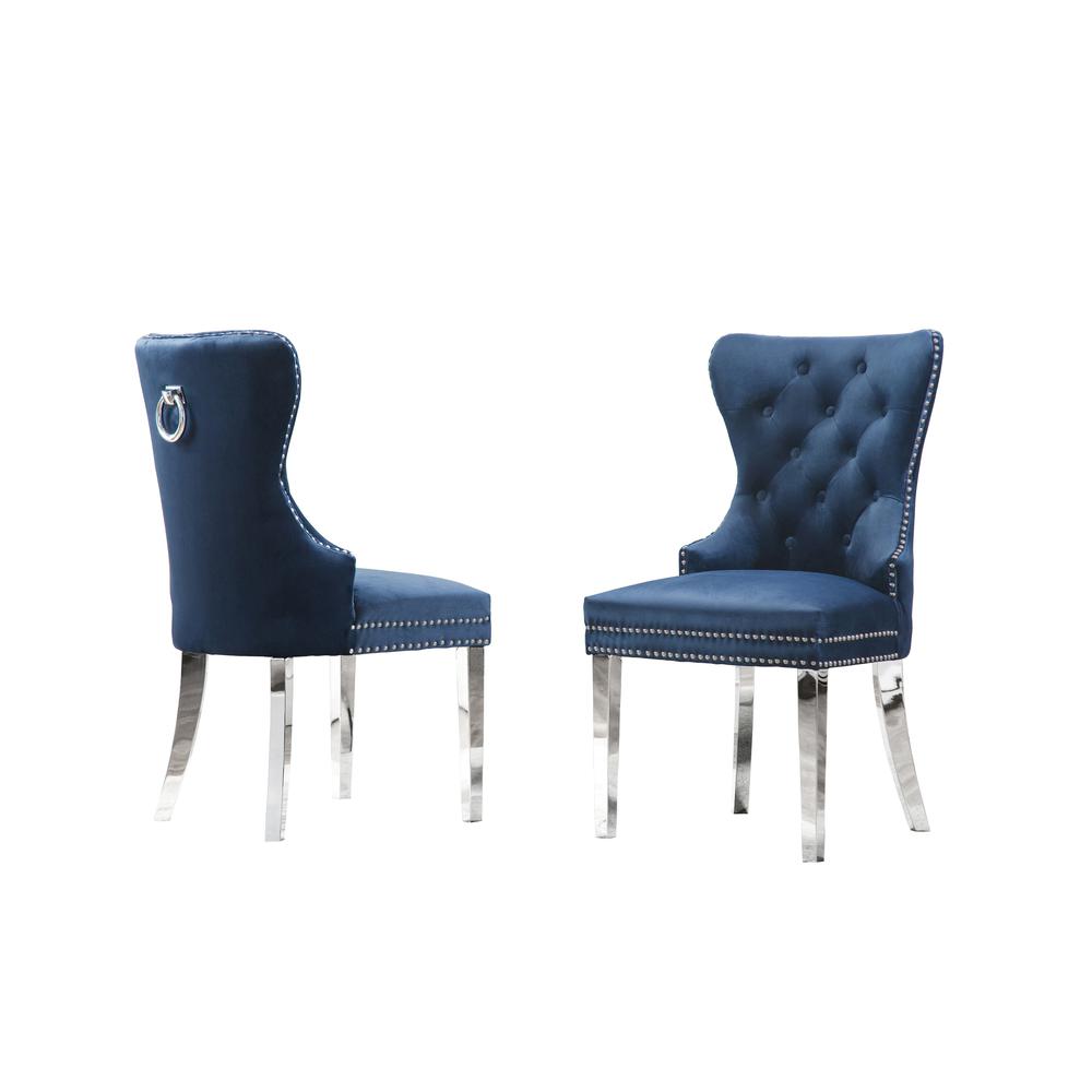 White Marble 5pc Set Tufted Wingback Chairs in Navy Blue Velvet. Picture 6