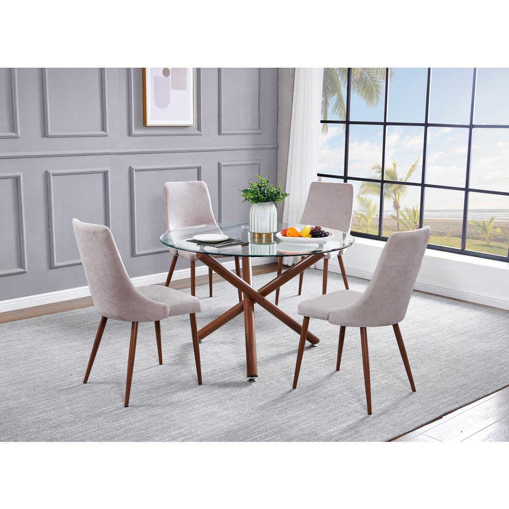 Classic 5pc Dining Set w/Uph Side Chair, Glass Table w/Faux Wood Base, Beige. Picture 1