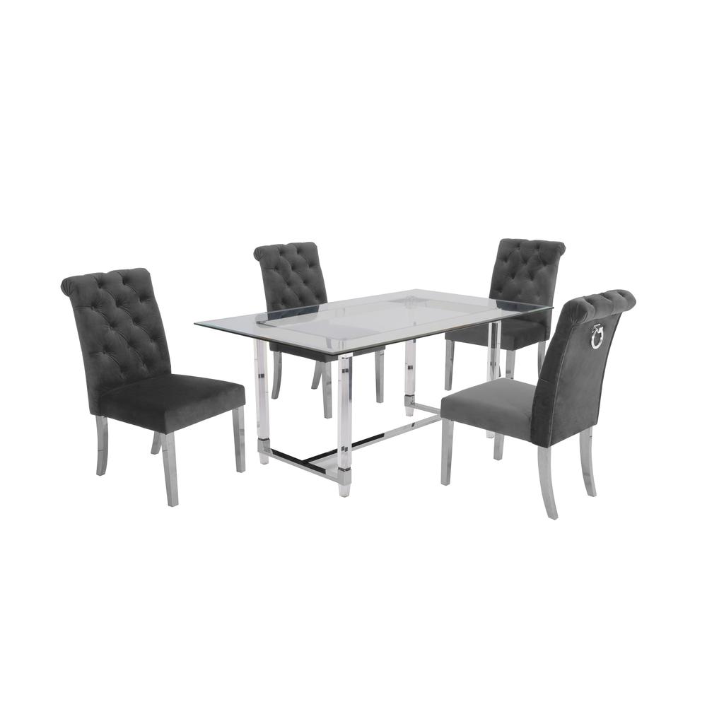 Acrylic Glass 5pc Set Tufted Chairs in Dark Grey Velvet. Picture 1