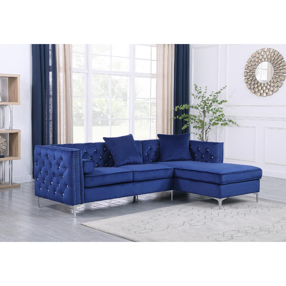 Navy Blue Velvet L-Shaped Tufted Faux Crystal Sofa & Chaise. Picture 1