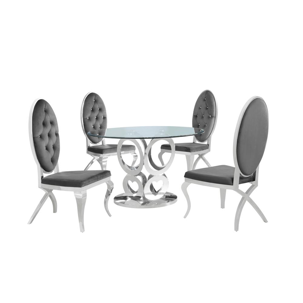 Classic 5pc Round Dining Set, Glass Table with Faux Crystal Chairs in Dark Grey Velvet. Picture 1