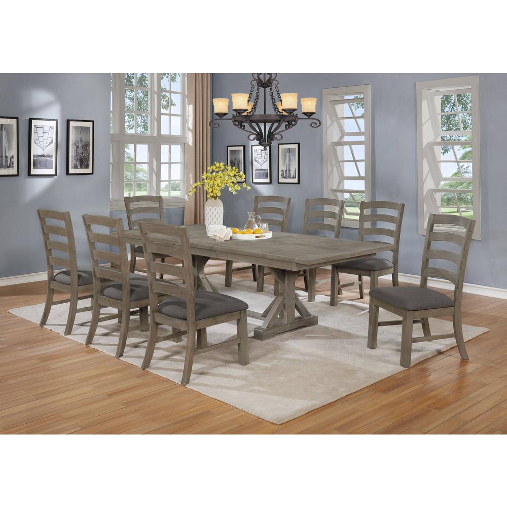 Classic 9pc Dining Set with Extendable Dining table with 18" Leaf and Wood and Linen Side Chairs, Gray. Picture 1