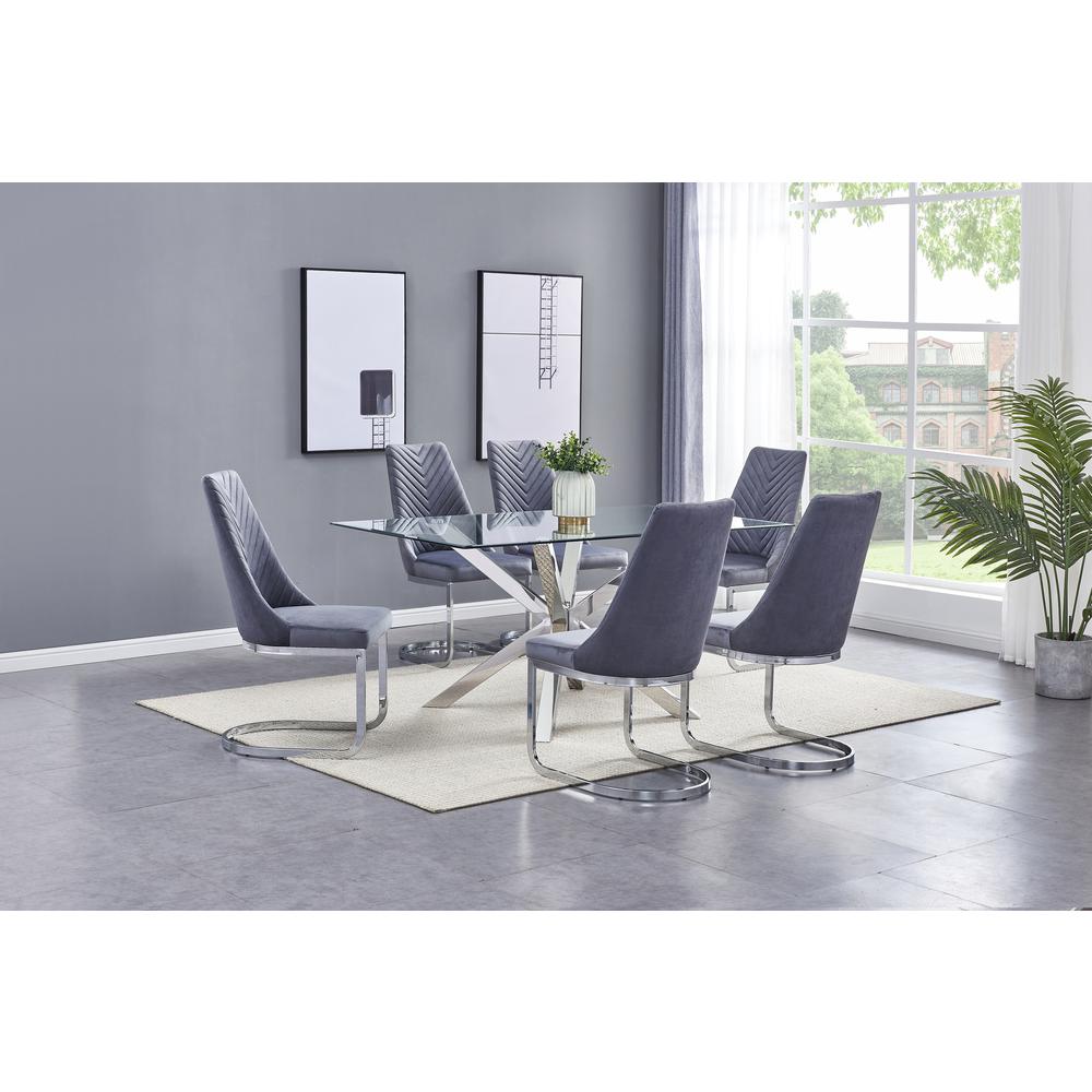 Rectangular Tempered Glass 7pc Set Chrome Chairs in Dark Grey Velvet. Picture 1