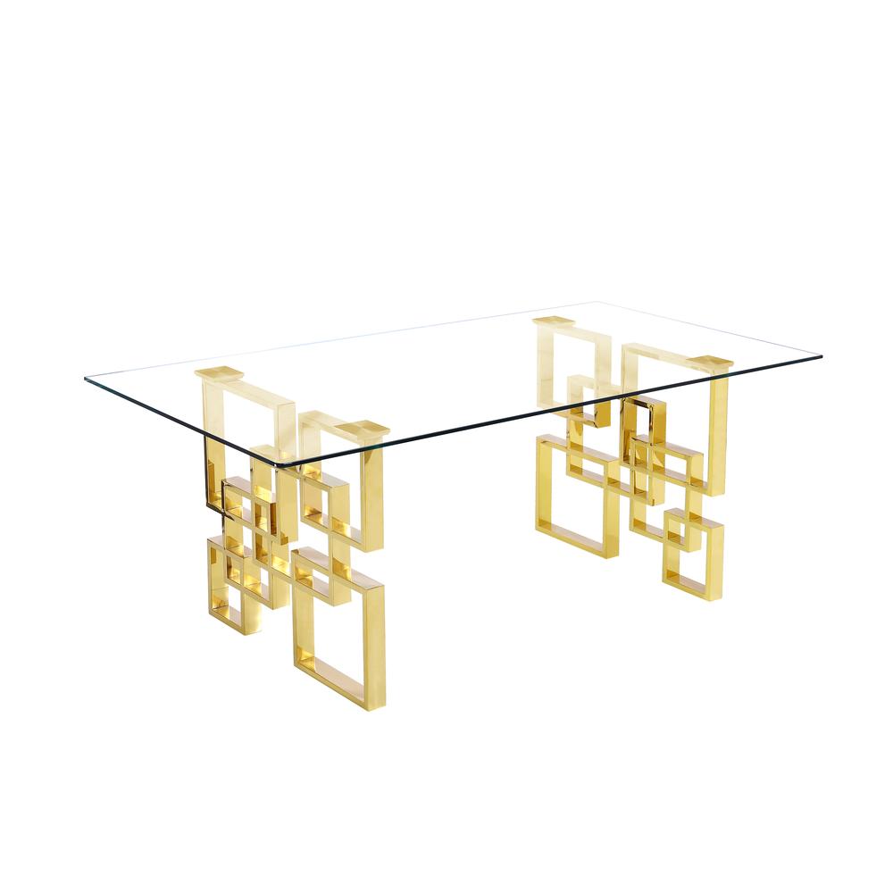Classic 79" Tempered Glass Dining Table Gold Stainless Steel Double Base. Picture 1