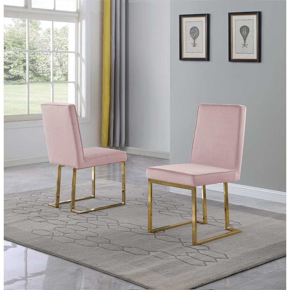Pink Velvet Upholstered Dining Side Chairs, Chrome Gold Base, Set of 2. Picture 2