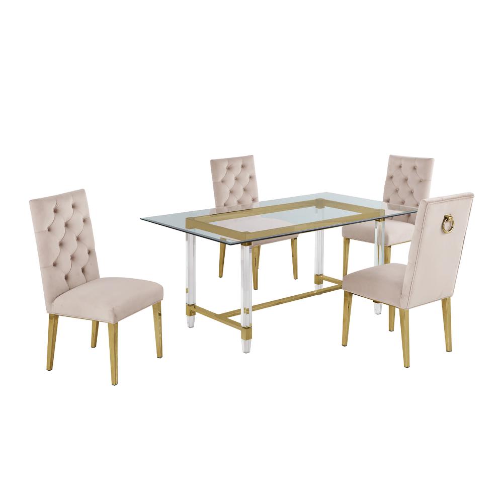 Acrylic Glass 5pc Gold Set Tufted Ring Chairs in Beige Velvet. Picture 2