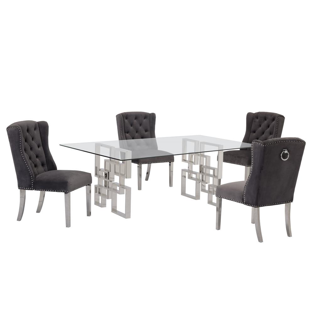 Stainless Steel 5 Piece Dining Set, Velvet Chairs - Gray Color 691. Picture 3