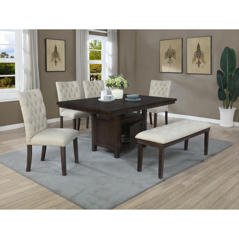6pc Dining Set w/Uph Bench and Chairs Tufted, Table w/Storage, Beige. Picture 1