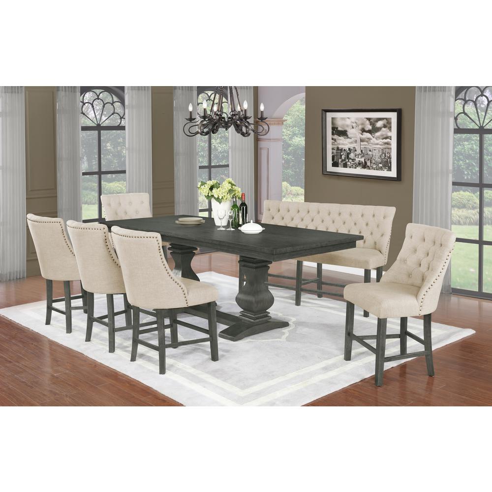 7pc Counter Height Dining Set, 5 Chairs & 1 Bench, Table w/ 18" Center Leaf in Dark Grey Mahogany. Picture 3