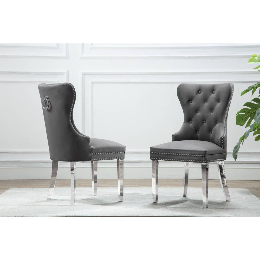 White Marble 5pc Set Tufted Wingback Chairs in Dark Grey Velvet. Picture 5