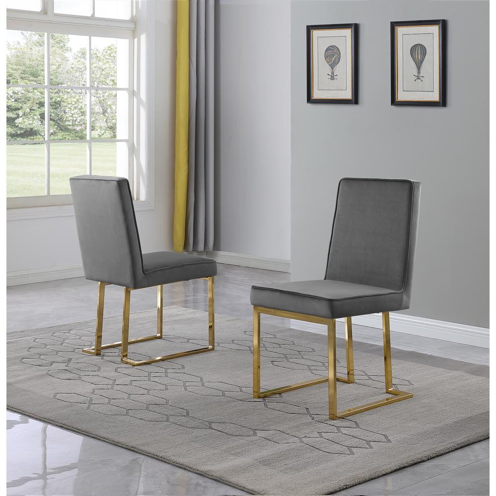 Dark Grey Velvet Upholstered Dining Side Chairs, Chrome Gold Base, Set of 2. Picture 2