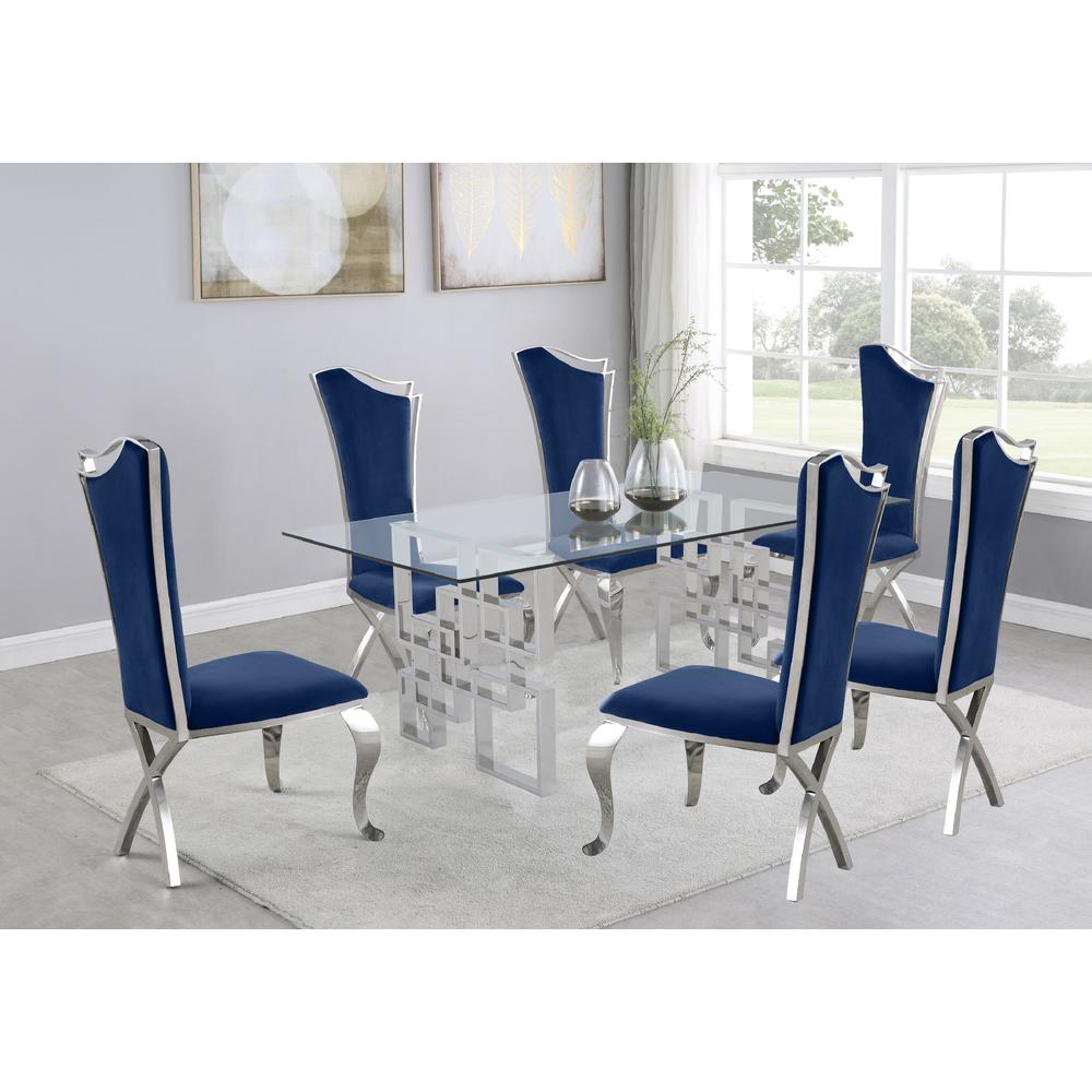 7-Piece Dining Set with Stainless Steel-Legged Dining Chairs in Navy Blue. Picture 1