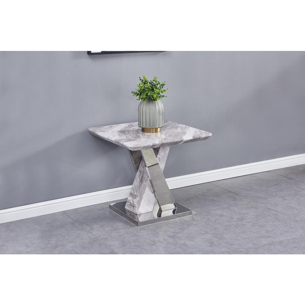 White Faux Marble End Table w/Stainless Steel X-Base. Picture 1