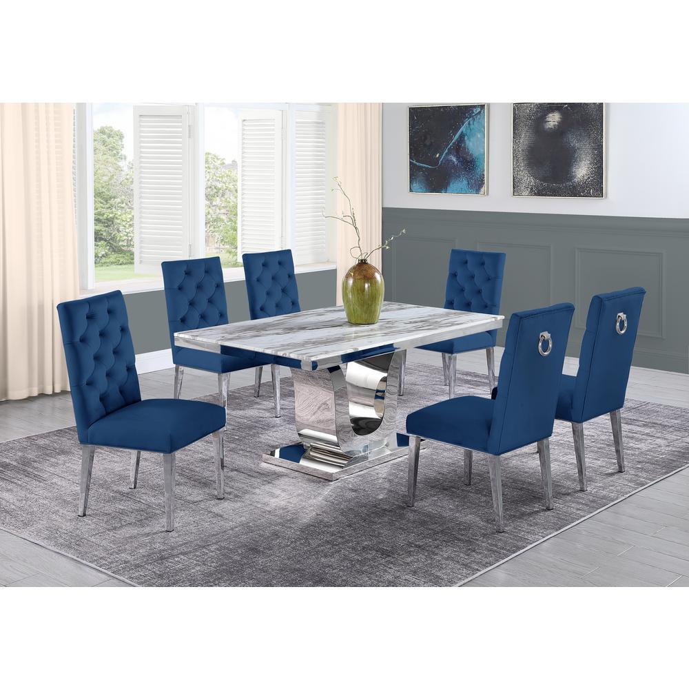 White Marble 7pc Set Ring Chairs in Navy Blue Velvet. Picture 1